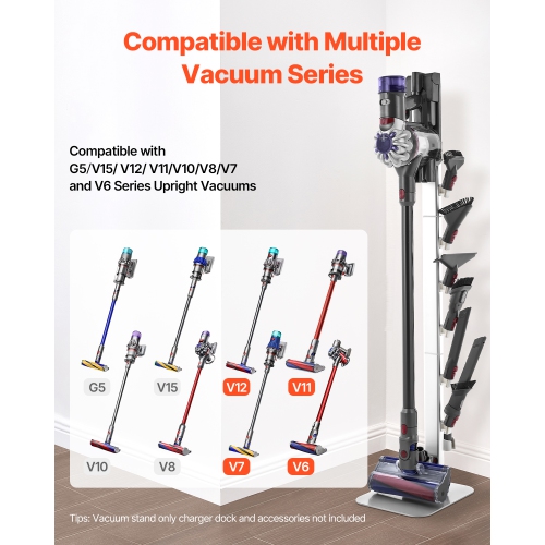 VEVOR Vacuum Stand, Compatible with Dyson G5 V15 V12 V11 V10 V8 V7 V6 Series Upright Vacuums Cleaners, Stable Vacuum Stand Holder with 6 Hooks and