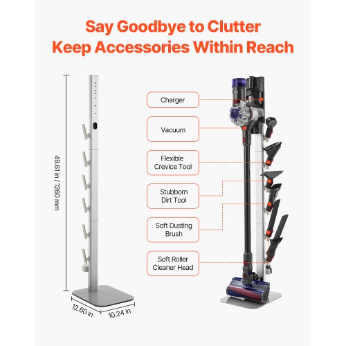 VEVOR Vacuum Stand, Compatible with Dyson G5 V15 V12 V11 V10 V8 V7 V6 Series Upright Vacuums Cleaners, Stable Vacuum Stand Holder with 6 Hooks and
