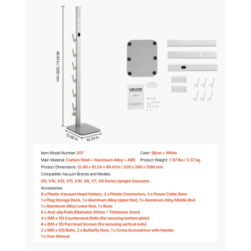 VEVOR Vacuum Stand, Compatible with Dyson G5 V15 V12 V11 V10 V8 V7 V6 Series Upright Vacuums Cleaners, Stable Vacuum Stand Holder with 6 Hooks and