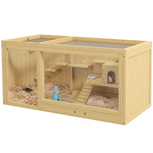 Cage en bois pour hamster de PawHut, cage à souris multicouche avec plateau coulissant, Séquences, bouteille d'eau, échelle, petits habitats pour