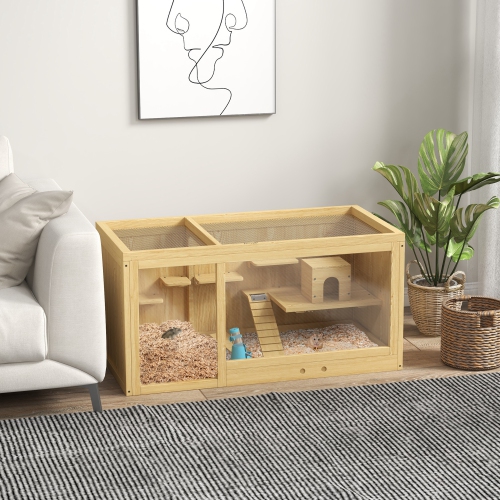 Cage en bois pour hamster de PawHut, cage à souris multicouche avec plateau coulissant, Séquences, bouteille d'eau, échelle, petits habitats pour