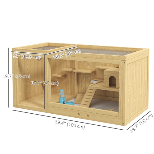 Cage en bois pour hamster de PawHut, cage à souris multicouche avec plateau coulissant, Séquences, bouteille d'eau, échelle, petits habitats pour