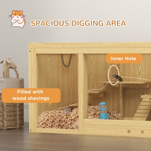 Cage en bois pour hamster de PawHut, cage à souris multicouche avec plateau coulissant, Séquences, bouteille d'eau, échelle, petits habitats pour