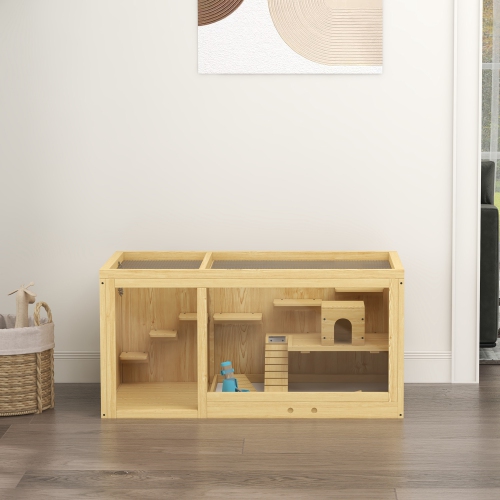 Cage en bois pour hamster de PawHut, cage à souris multicouche avec plateau coulissant, Séquences, bouteille d'eau, échelle, petits habitats pour