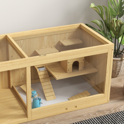 Cage en bois pour hamster de PawHut, cage à souris multicouche avec plateau coulissant, Séquences, bouteille d'eau, échelle, petits habitats pour