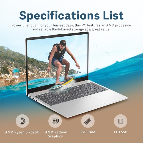 Open Box - HP 15.6" FHD Laptop, AMD Ryzen 5 7520U, 1TB SSD, 8GB LPDDR5 RAM, AMD Radeon Graphics, Numeric Keypad, 720p HD Webcam, Wi-Fi 6, Windows 11,