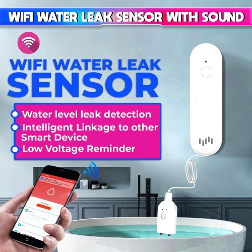 Water Sensor, WiFi Water Level Detector with 80dB Loud Alarm, Compatible with SmartLife Mobile App