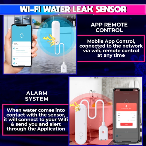 Water Sensor, WiFi Water Level Detector with 80dB Loud Alarm, Compatible with SmartLife Mobile App
