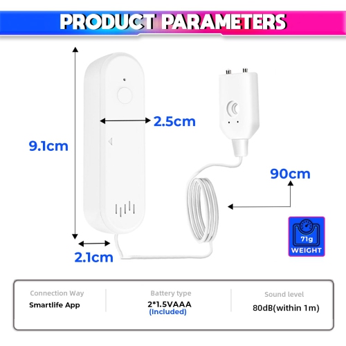 Water Sensor, WiFi Water Level Detector with 80dB Loud Alarm, Compatible with SmartLife Mobile App
