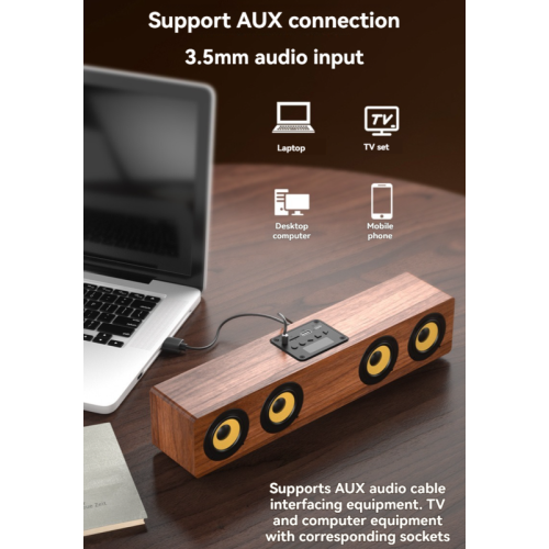 Wood-grain four-speaker Bluetooth soundbar | 2.0 stereo subwoofer | Bluetooth/AUX/USB flash drive/TF card/FM radio | 2000mAh long-lasting battery |