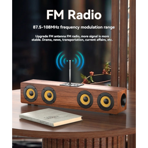 Wood-grain four-speaker Bluetooth soundbar | 2.0 stereo subwoofer | Bluetooth/AUX/USB flash drive/TF card/FM radio | 2000mAh long-lasting battery |
