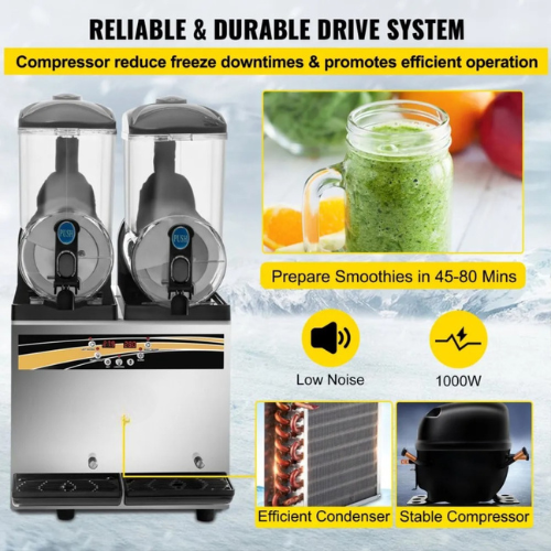 VEVOR X-300 Commercial Slushy Machine, 15L×2 Tank Margarita Maker, 1000W Stainless Steel Frozen Drink & Smoothie Machine for Cafés, Bars,