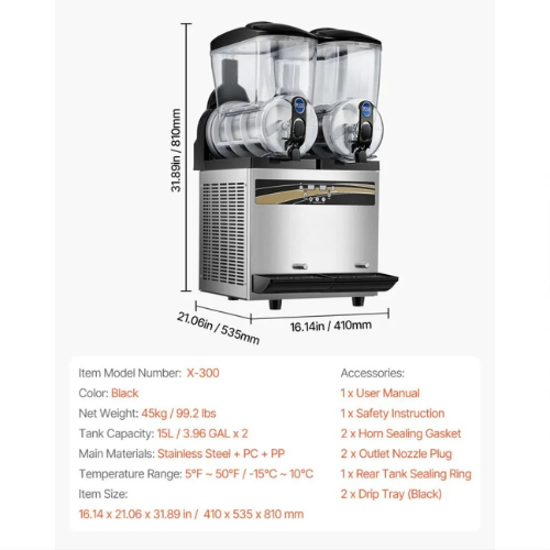 VEVOR X-300 Commercial Slushy Machine, 15L×2 Tank Margarita Maker, 1000W Stainless Steel Frozen Drink & Smoothie Machine for Cafés, Bars,