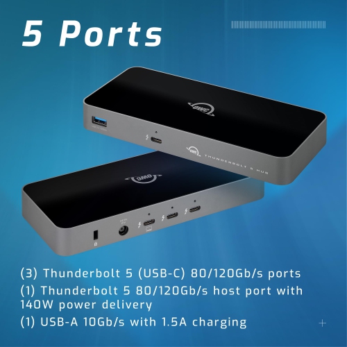 OWC Thunderbolt 5 Hub, 3 x Thunderbolt 5 Ports, USB-A Port, Up to 80/120Gb/s, Up to 3 8K Displays, 140W Power & Charging, Compatible with Mac & PC,
