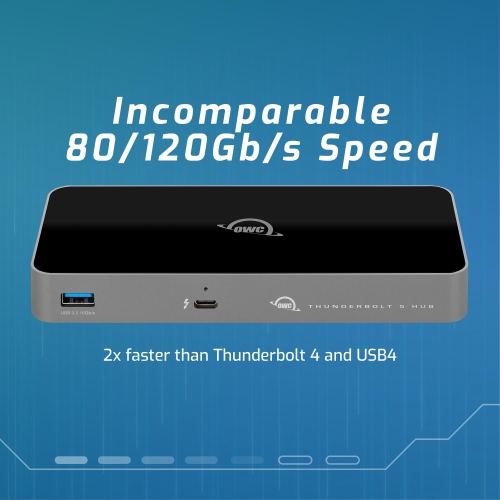 OWC Thunderbolt 5 Hub, 3 x Thunderbolt 5 Ports, USB-A Port, Up to 80/120Gb/s, Up to 3 8K Displays, 140W Power & Charging, Compatible with Mac & PC,