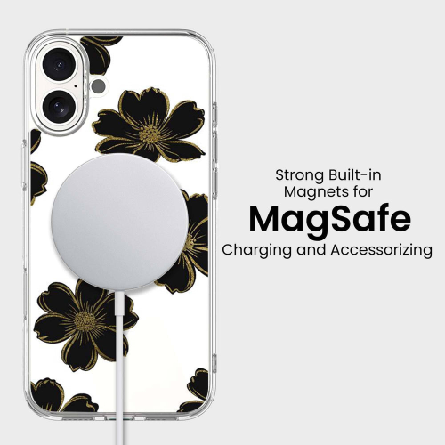 MagSafe iPhone 16 Black Flower Clear Case