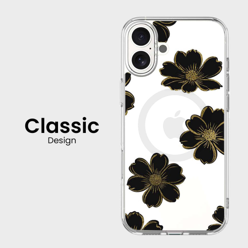 MagSafe iPhone 16 Black Flower Clear Case