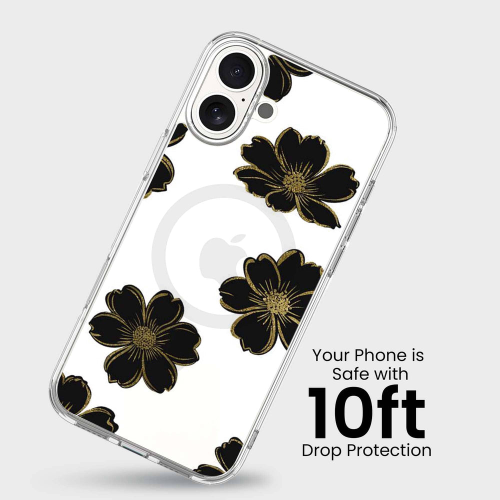 MagSafe iPhone 16 Black Flower Clear Case