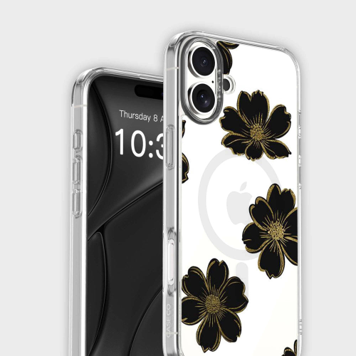 MagSafe iPhone 16 Black Flower Clear Case