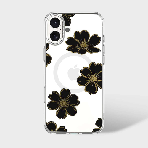MagSafe iPhone 16 Black Flower Clear Case