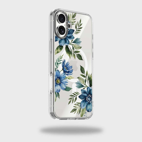 MagSafe iPhone 16 Blue Floral Clear Case