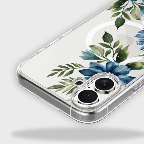 MagSafe iPhone 16 Blue Floral Clear Case