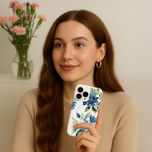 MagSafe iPhone 16 Blue Floral Clear Case