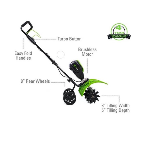 Cultivateur sans balais 60&nbsp;V de 8&nbsp;po de Greenworks, batterie 2,5&nbsp;Ah et chargeur inclus