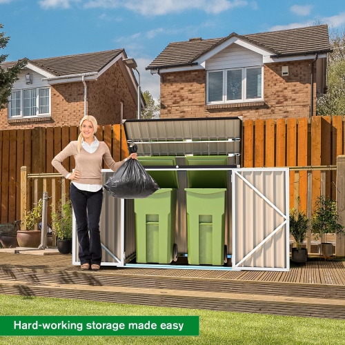 AECOJOY Outdoor Trash Can Storage Shed 46 Cu.Ft, Horizontal Cabinet Waterproof, White