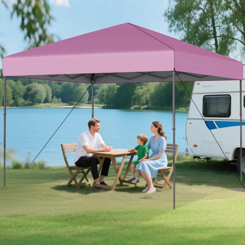 Tente à auvent escamotable de 10 x 10 pi avec sac de transport portatif de Costway 8 piquets 4 cordes à vent rose/jaune/beige/blanc/gris/bleu marine