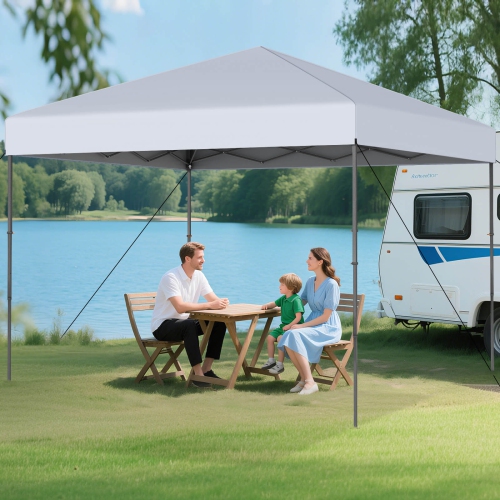 Tente à auvent escamotable de 10 x 10 pi avec sac de transport portatif de Costway 8 piquets 4 cordes à vent rose/jaune/beige/blanc/gris/bleu marine