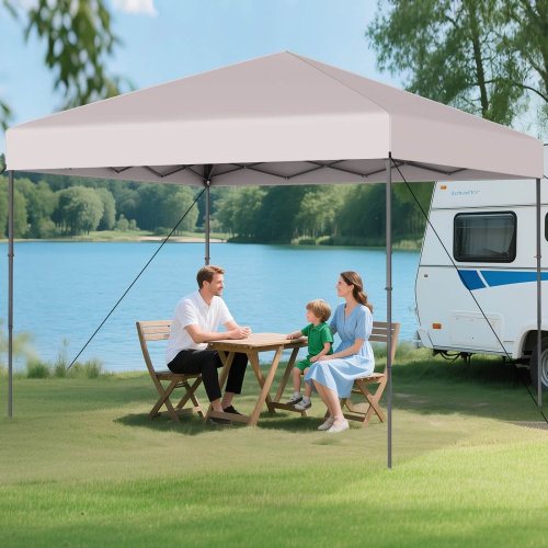 Tente à auvent escamotable de 10 x 10 pi avec sac de transport portatif de Costway 8 piquets 4 cordes à vent rose/jaune/beige/blanc/gris/bleu marine