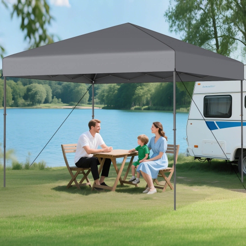 Tente à auvent escamotable de 10 x 10 pi avec sac de transport portatif de Costway 8 piquets 4 cordes à vent rose/jaune/beige/blanc/gris/bleu marine