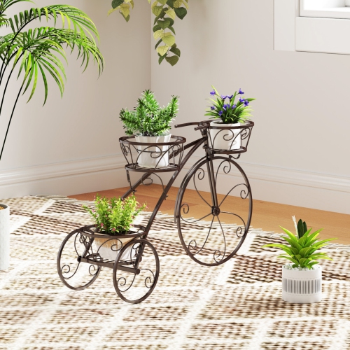 Support pour plante tricycle avec 3 paniers creux pour fleurs et plantes en pot
