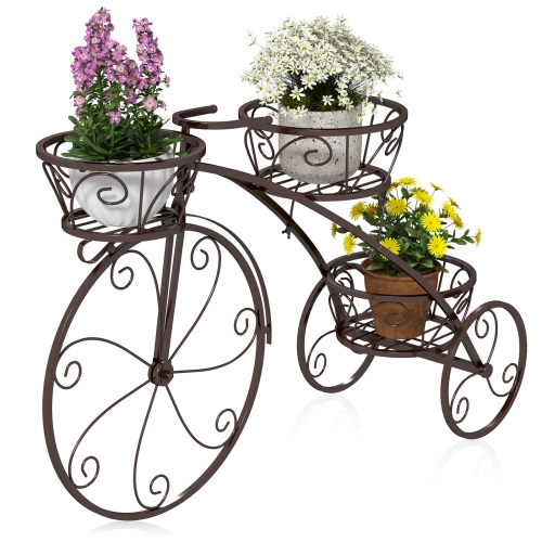 Support pour plante tricycle avec 3 paniers creux pour fleurs et plantes en pot