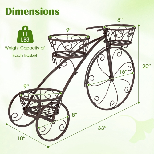 Support pour plante tricycle avec 3 paniers creux pour fleurs et plantes en pot