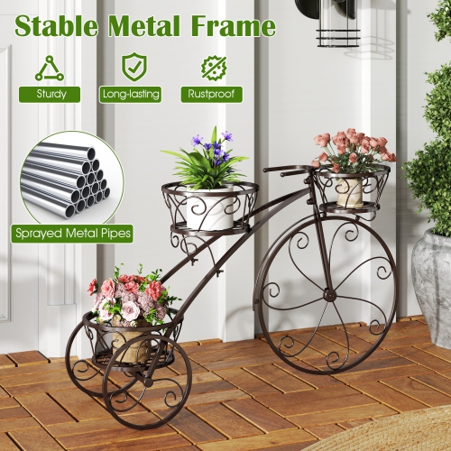 Support pour plante tricycle avec 3 paniers creux pour fleurs et plantes en pot