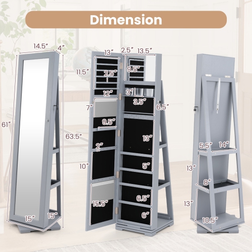 Lockable 2-in-1 Jewelry Cabinet with 360° Rotation and Full-Length Mirror