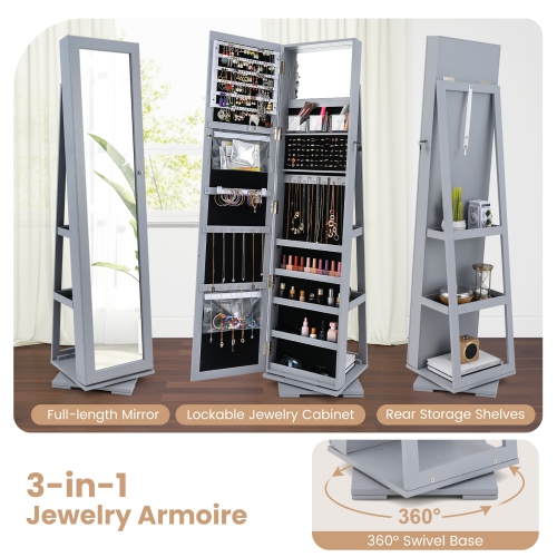 Lockable 2-in-1 Jewelry Cabinet with 360° Rotation and Full-Length Mirror