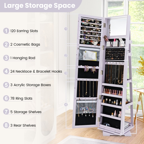 Lockable 2-in-1 Jewelry Cabinet with 360° Rotation and Full-Length Mirror