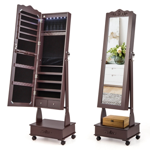 Rolling Floor-Standing Mirrored Jewelry Armoire with Lock and Drawers