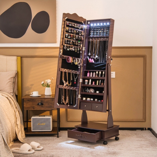 Rolling Floor-Standing Mirrored Jewelry Armoire with Lock and Drawers
