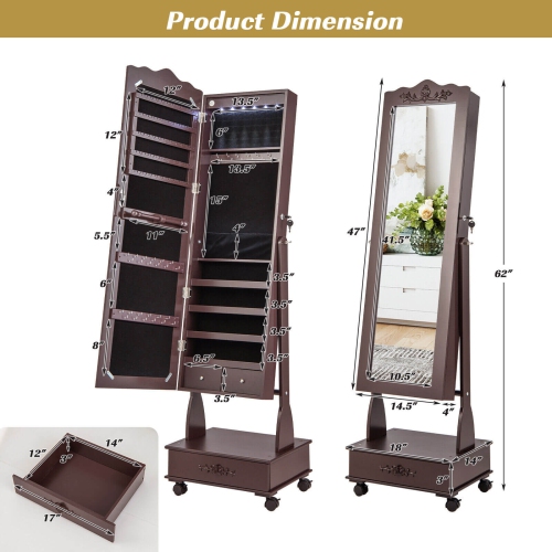 Rolling Floor-Standing Mirrored Jewelry Armoire with Lock and Drawers