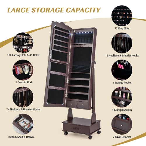 Rolling Floor-Standing Mirrored Jewelry Armoire with Lock and Drawers