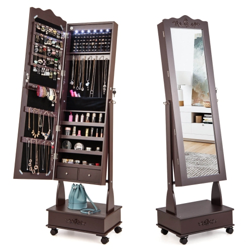 Rolling Floor-Standing Mirrored Jewelry Armoire with Lock and Drawers