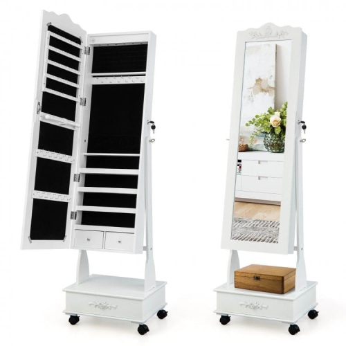 Rolling Floor-Standing Mirrored Jewelry Armoire with Lock and Drawers