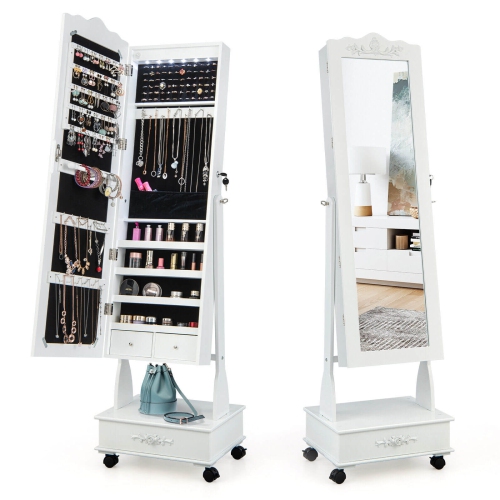 Rolling Floor-Standing Mirrored Jewelry Armoire with Lock and Drawers