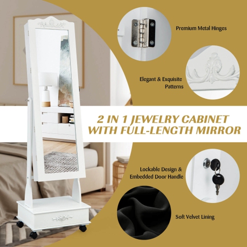 Rolling Floor-Standing Mirrored Jewelry Armoire with Lock and Drawers