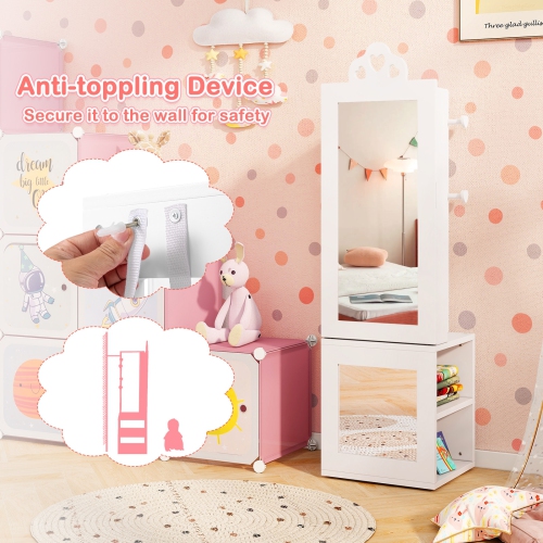 Armoire à bijoux autonome 3-en-1 pour enfants avec miroir pleine longueur