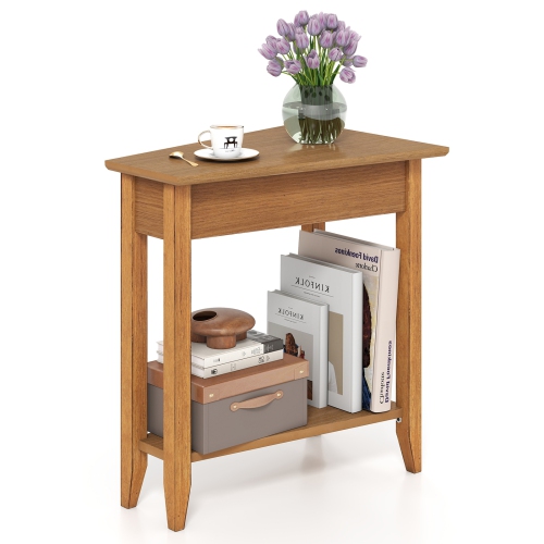 Narrow 2-Tier Side Table with Wedge Design, Shelf, and Wooden Legs